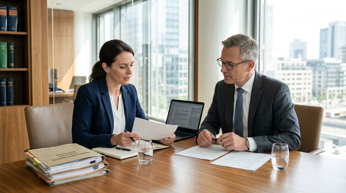 Professionals besprechen Dokumente in einem modernen Konferenzraum über Kündigung erhalten.