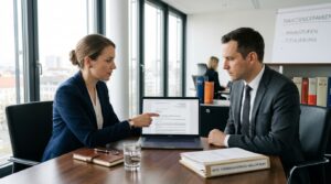 Professional erklärt Büro-Besucher die Schritte, um Forderungen einzutreiben.