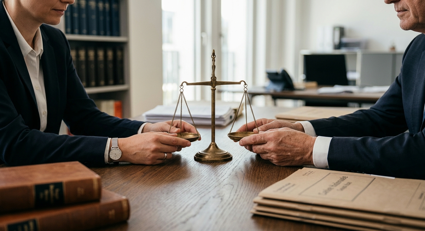 H&auml;nde halten eine Justizwaage als Symbol daf&uuml;r, erfolgreich nach einem Verkehrsunfall Schadensersatz durchsetzen zu k&ouml;nnen.