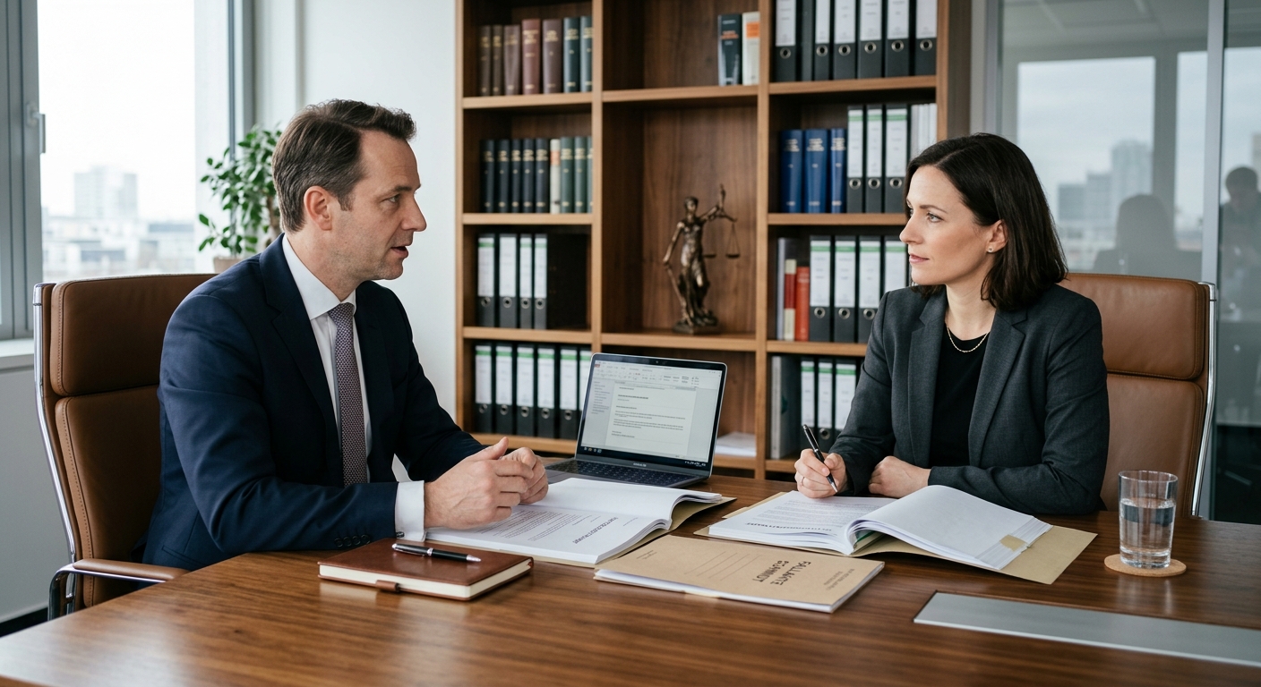 Zwei Personen besprechen Abfindung verhandeln nach Kündigung, eine Justizwaage steht im Hintergrund.
