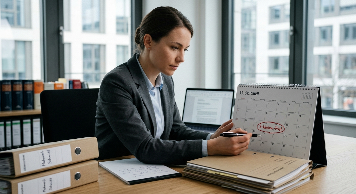 Fokussierte Person am Schreibtisch, 3-Wochen-Frist auf Kalender markiert.