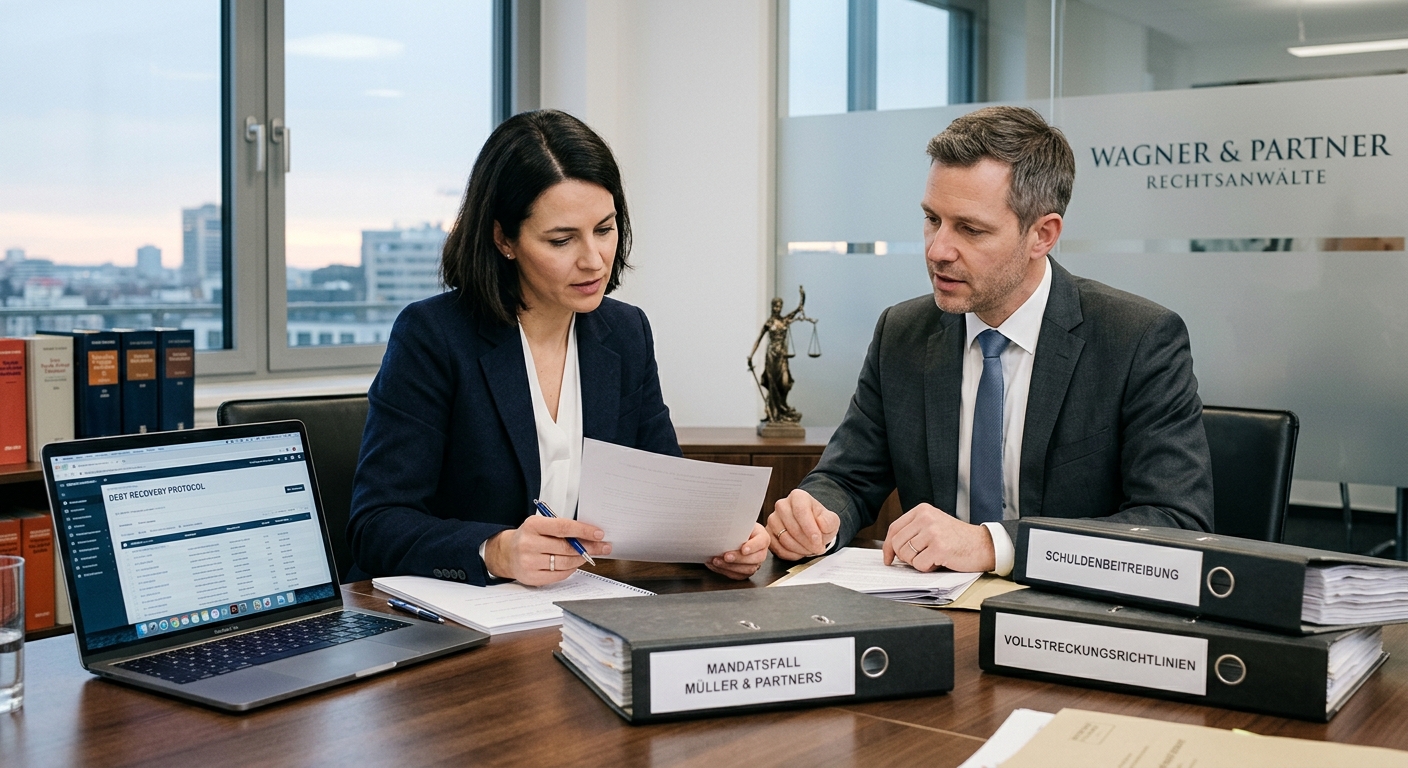 Zwei Personen besprechen Aktenordner, um Forderungen einzutreiben.