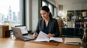 Person liest Arbeitsvertrag prüfen vor Unterschrift am Schreibtisch.