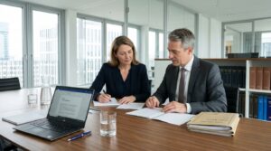 Personen in Business-Kleidung prüfen Dokumente bei einem Geschäftstreffen.