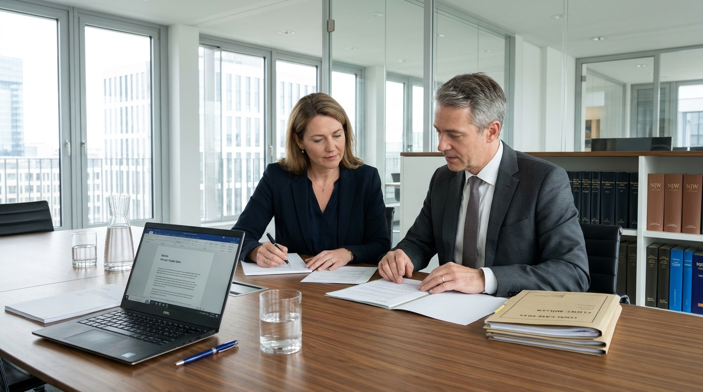 Personen in Business-Kleidung prüfen Dokumente bei einem Geschäftstreffen.