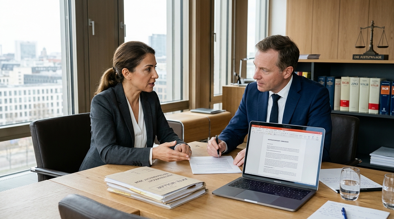 Zwei Professionals besprechen Kündigung wegen Krankheit in einem Büro.