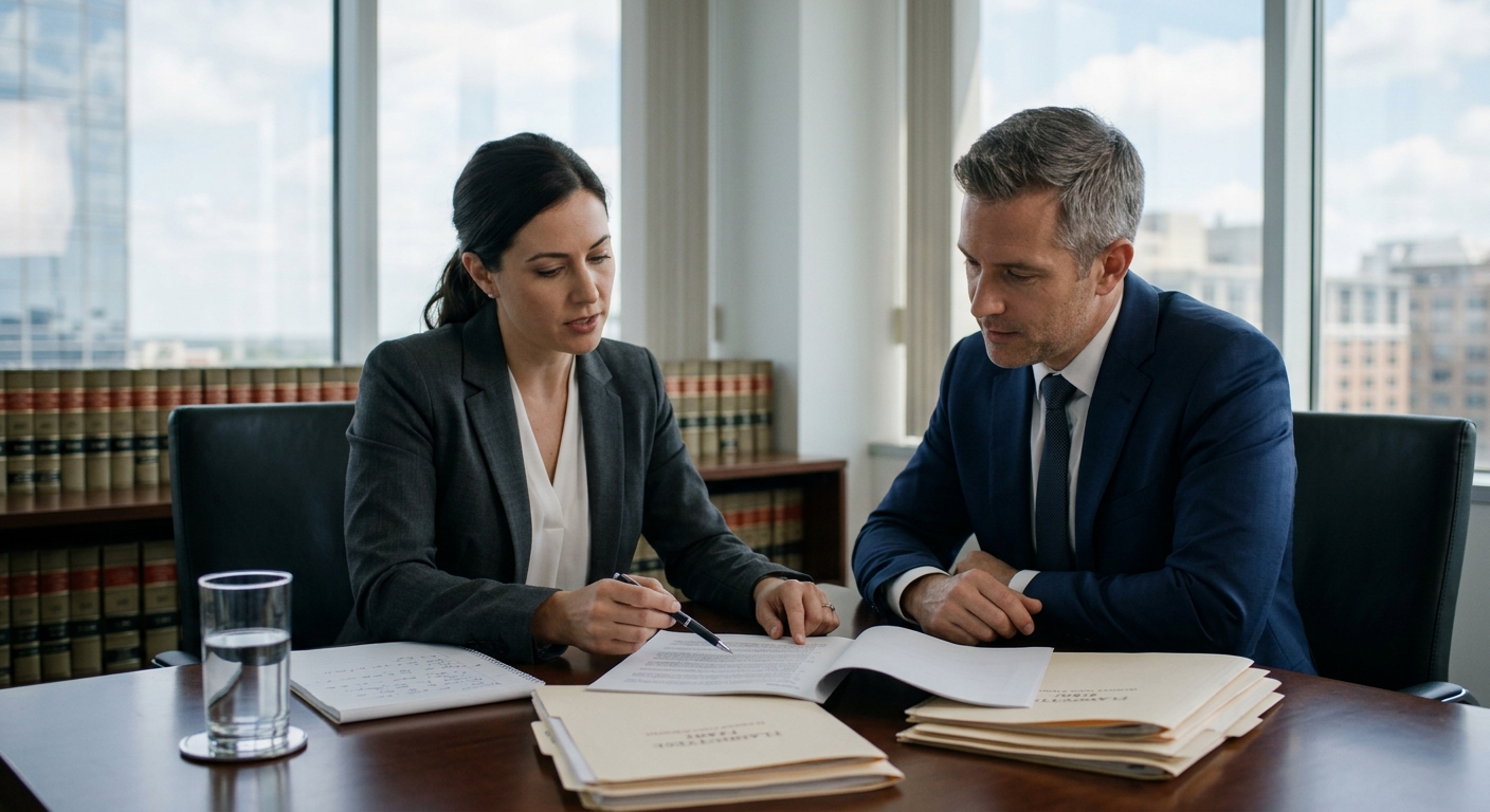 Zwei Personen besprechen Arbeitsvertrag prüfen vor Unterschrift in Konferenzraum.
