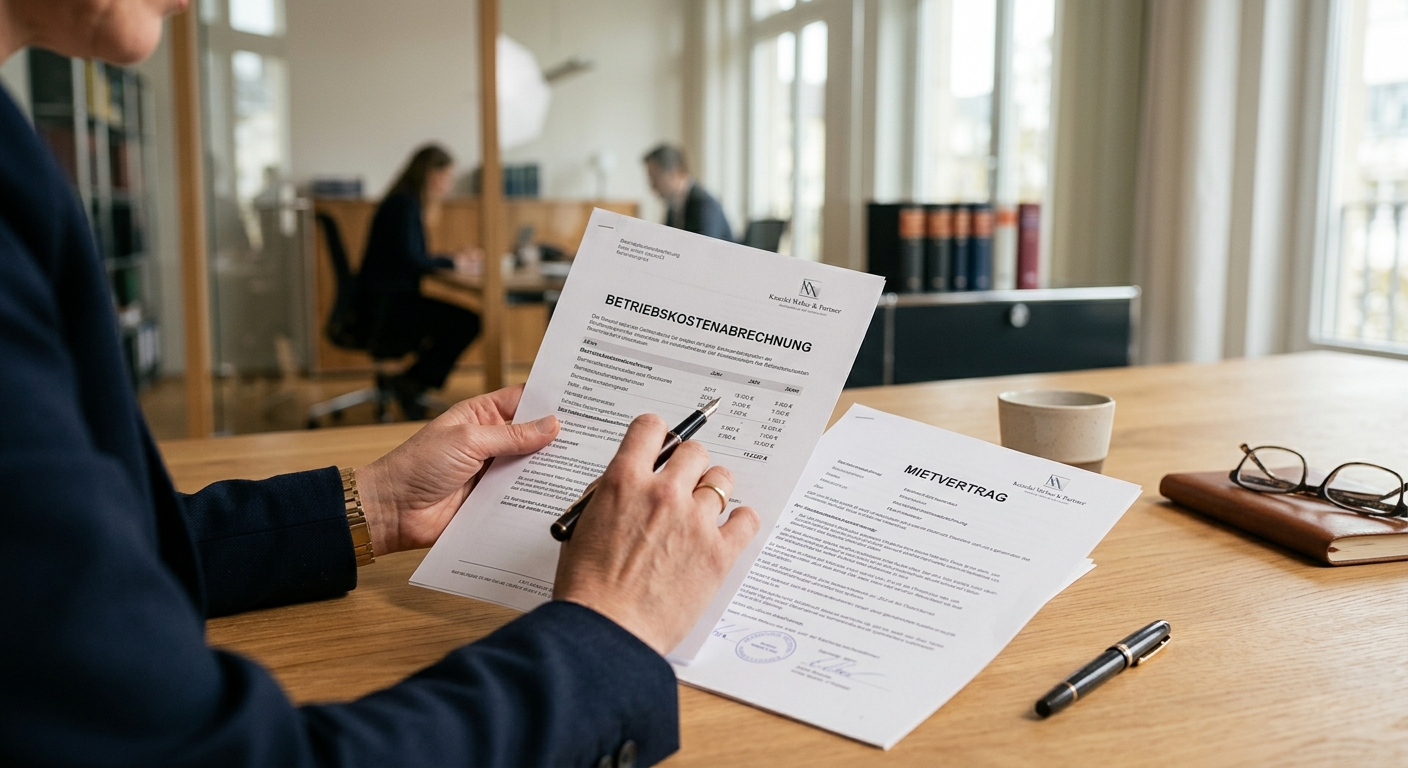 Hände halten eine Betriebskostenabrechnung und einen Mietvertrag am Schreibtisch, um die Betriebskostenabrechnung auf Fehler zu prüfen.