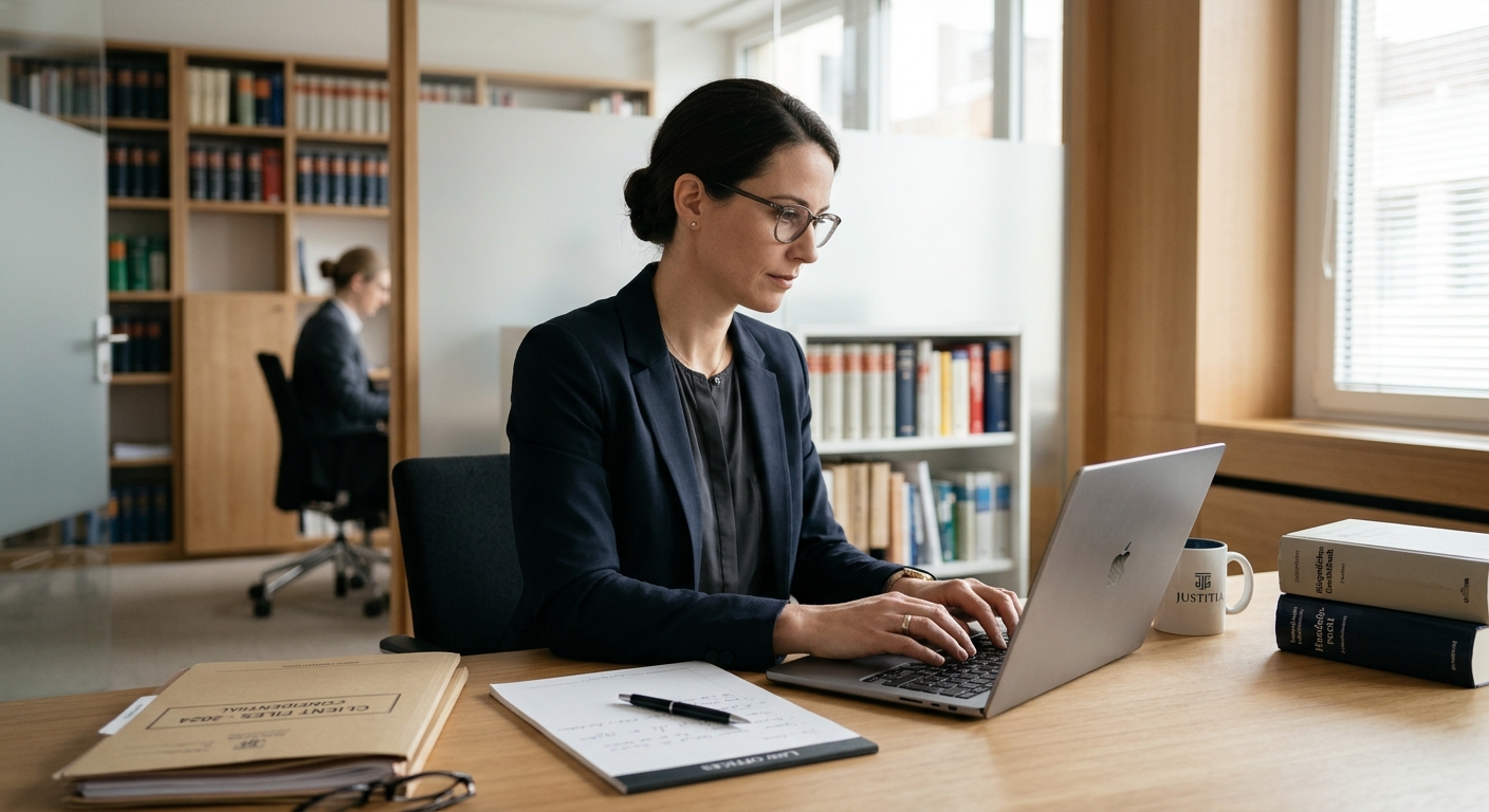 Fokussierte Person, die eine Sonderumlage der WEG auf Rechtmäßigkeit prüfen möchte, arbeitet an einem Laptop im Büro.