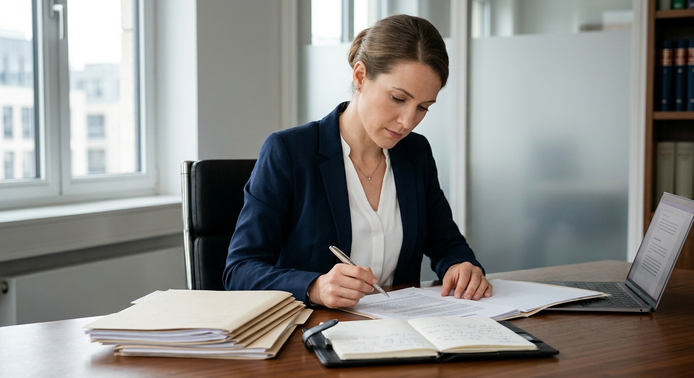 Eine Person studiert Dokumente zur Kündigung wegen Krankheit am Schreibtisch.
