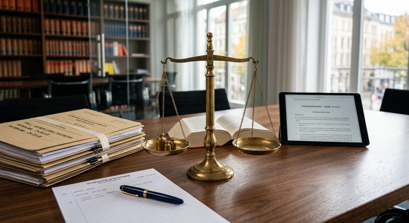 Justizwaage auf einem Schreibtisch, symbolisiert Vertrag prüfen lassen.