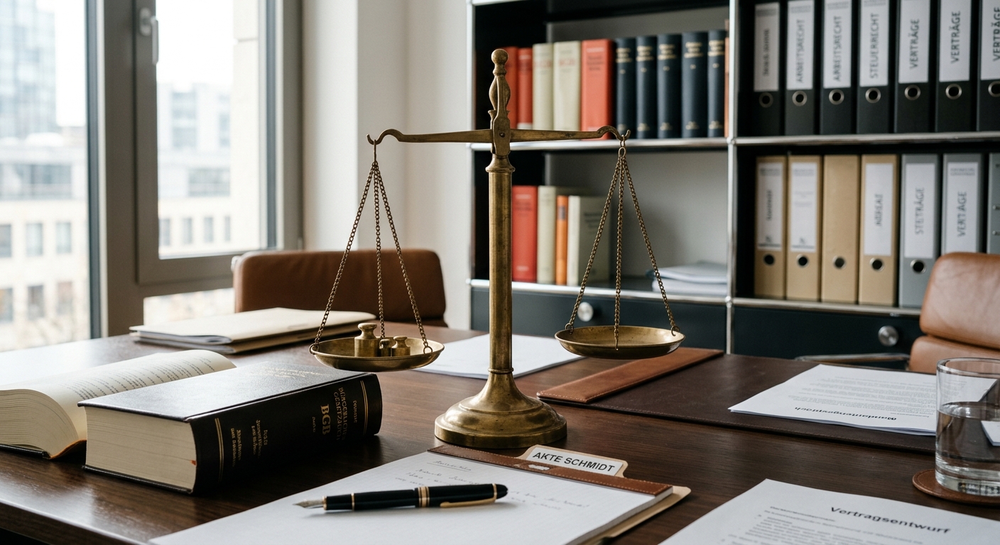 Justizwaage auf Schreibtisch mit Aktenordnern, Führerscheinentzug verhindern.