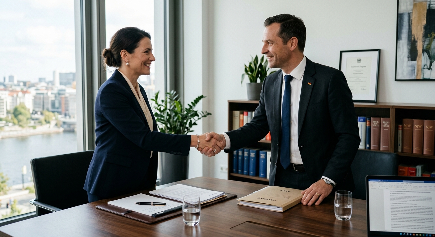 Zwei Personen in Business-Kleidung schütteln sich die Hände nach einem Gespräch.