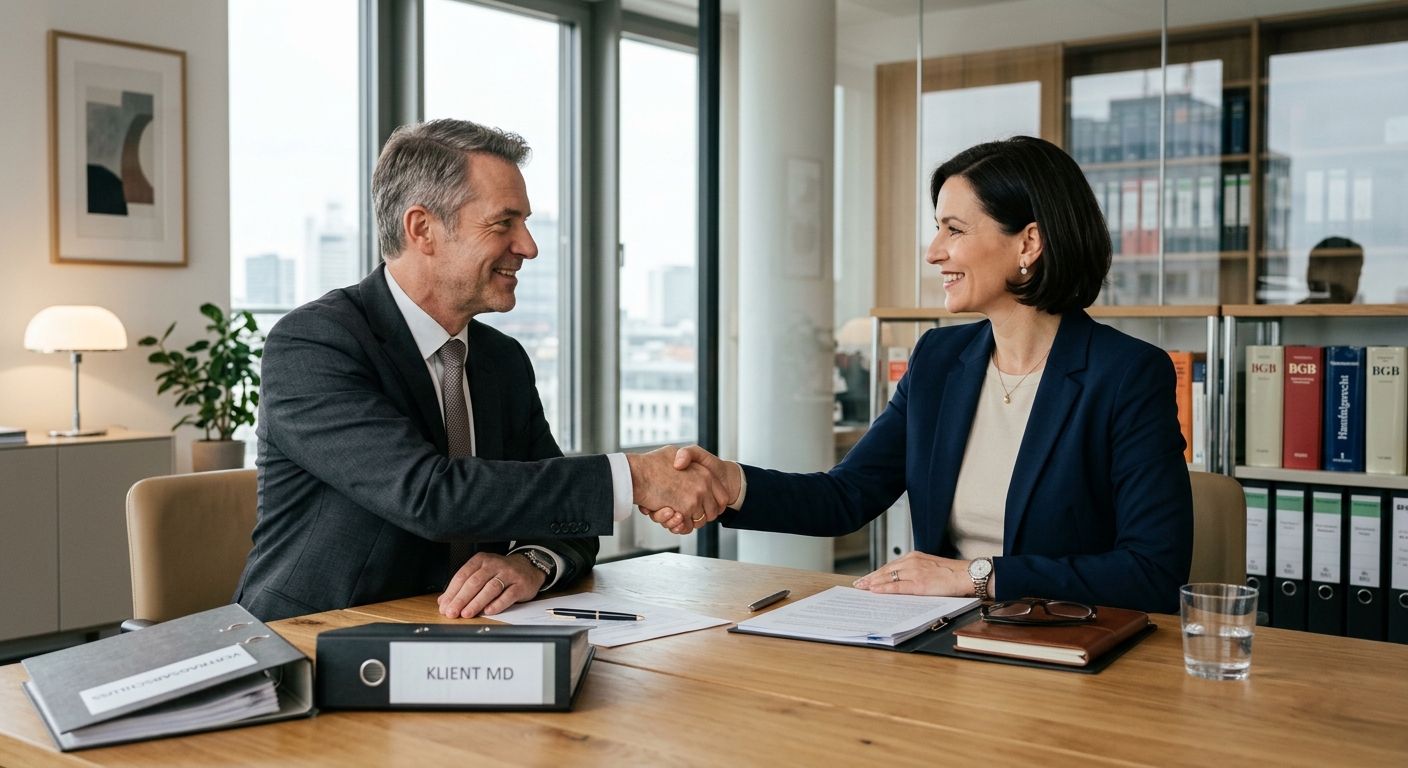 Professionals schütteln Hände nach einem Beratungsgespräch zur Kündigung wegen Krankheit.