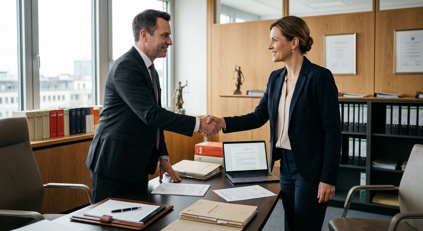 Zwei Personen geben sich die Hand nach erfolgreicher Vertragsprüfung.