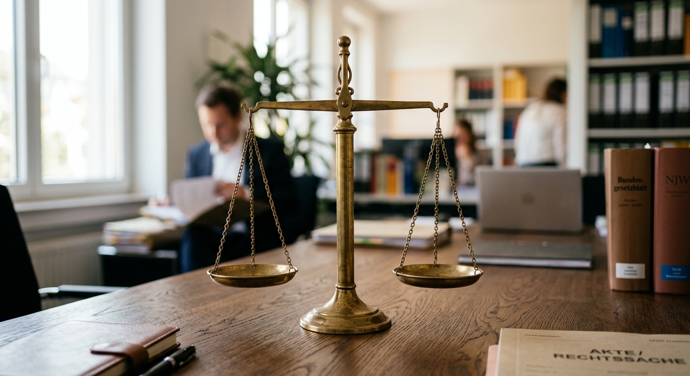 Justizwaage auf Schreibtisch symbolisiert Gerechtigkeit, wenn ein Eigentümer Hausgeld nicht zahlt.