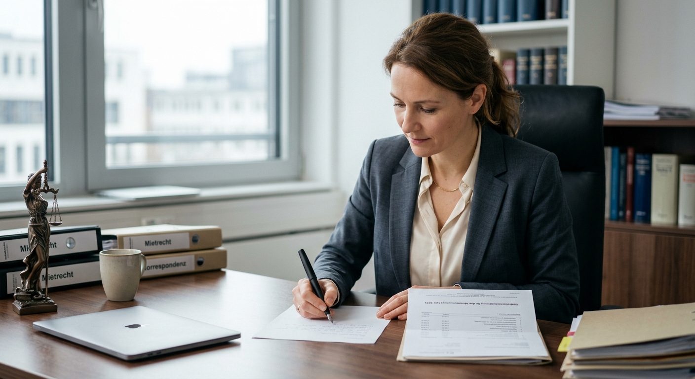 Person schreibt Widerspruch zur Betriebskostenabrechnung am Schreibtisch.