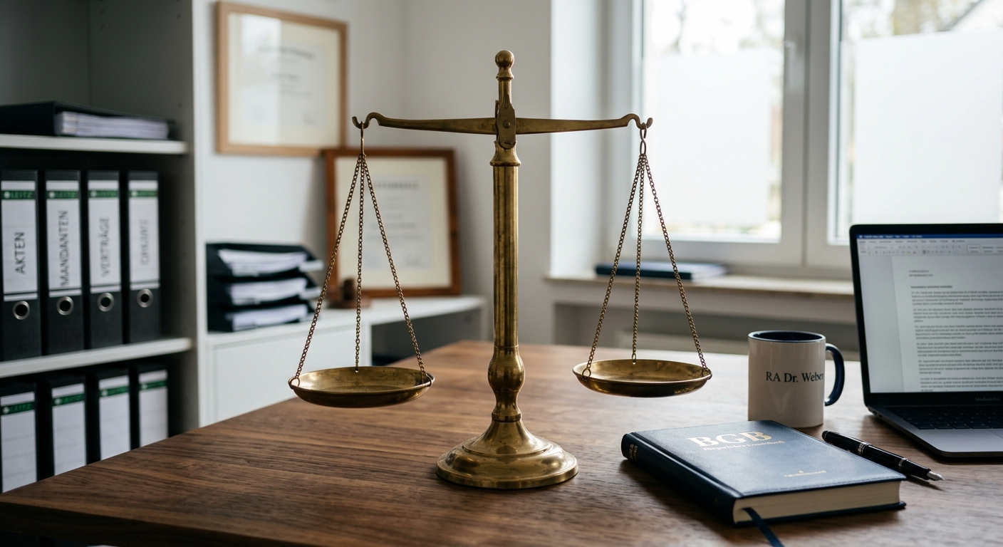 Justizwaage auf einem Schreibtisch, Aktenordner im Hintergrund, gemeinsames Sorgerecht.