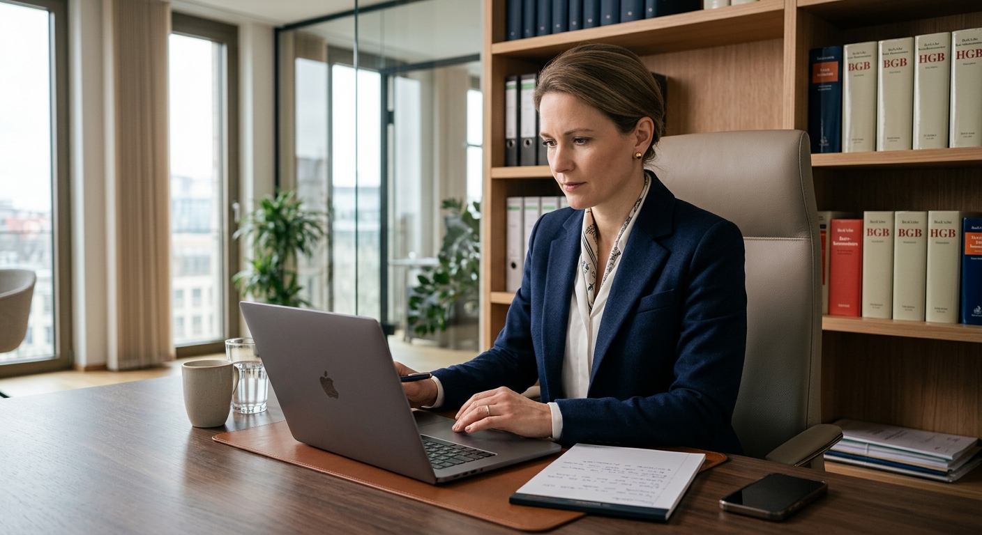 Fokussierte Person am Schreibtisch, recherchiert Schadensersatzanspruch auf Laptop.