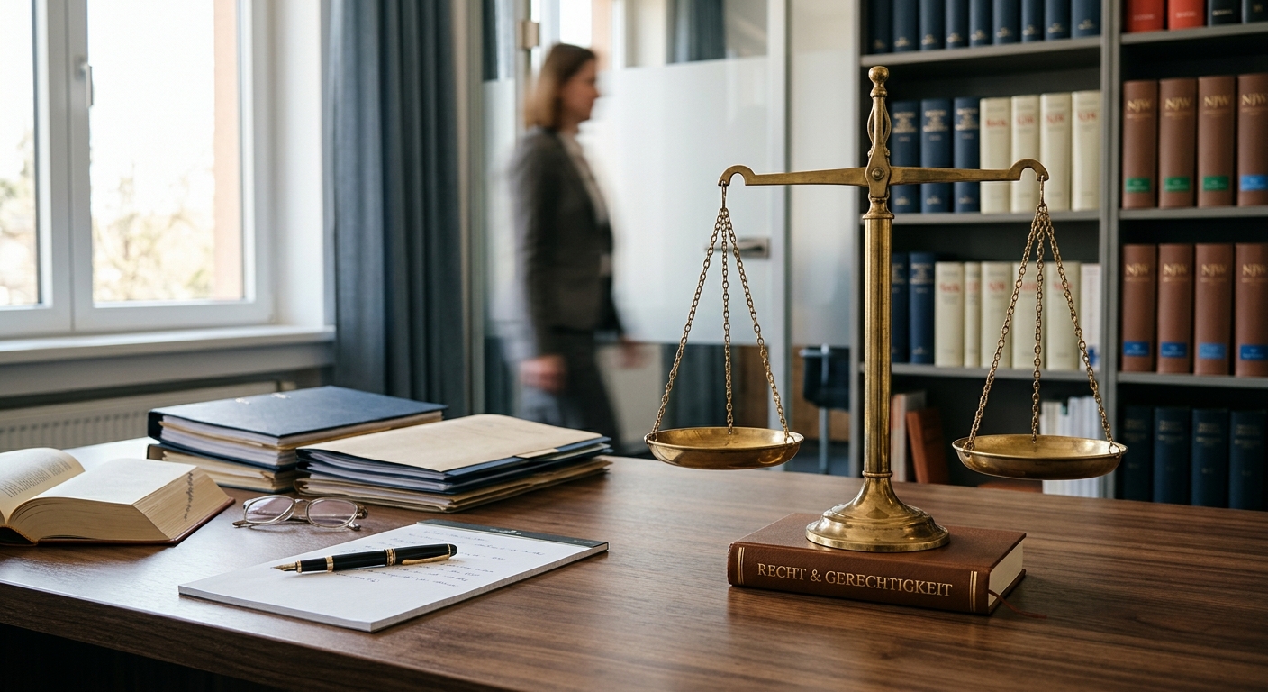 Eine Justizwaage auf einem Schreibtisch, symbolisiert Kündigung wegen Krankheit.
